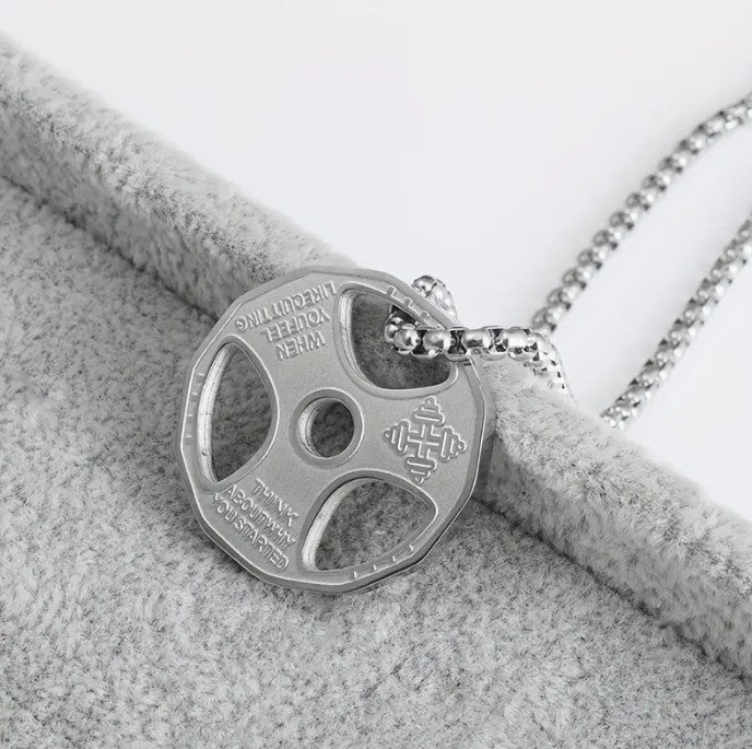 disco plateado collar con frase motivacional when you feel like quitting think about why you started