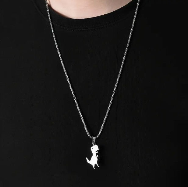 O shape chain con pendiente de dinosaurio plateado
